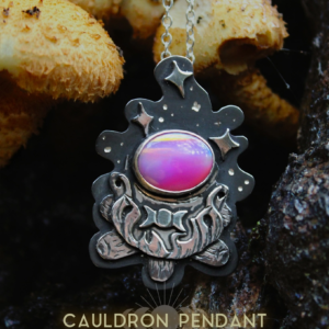 Oxidised sterling silver Cauldron Pendant with a pink Aurora Opal, triple moon and stars, on a silver chain