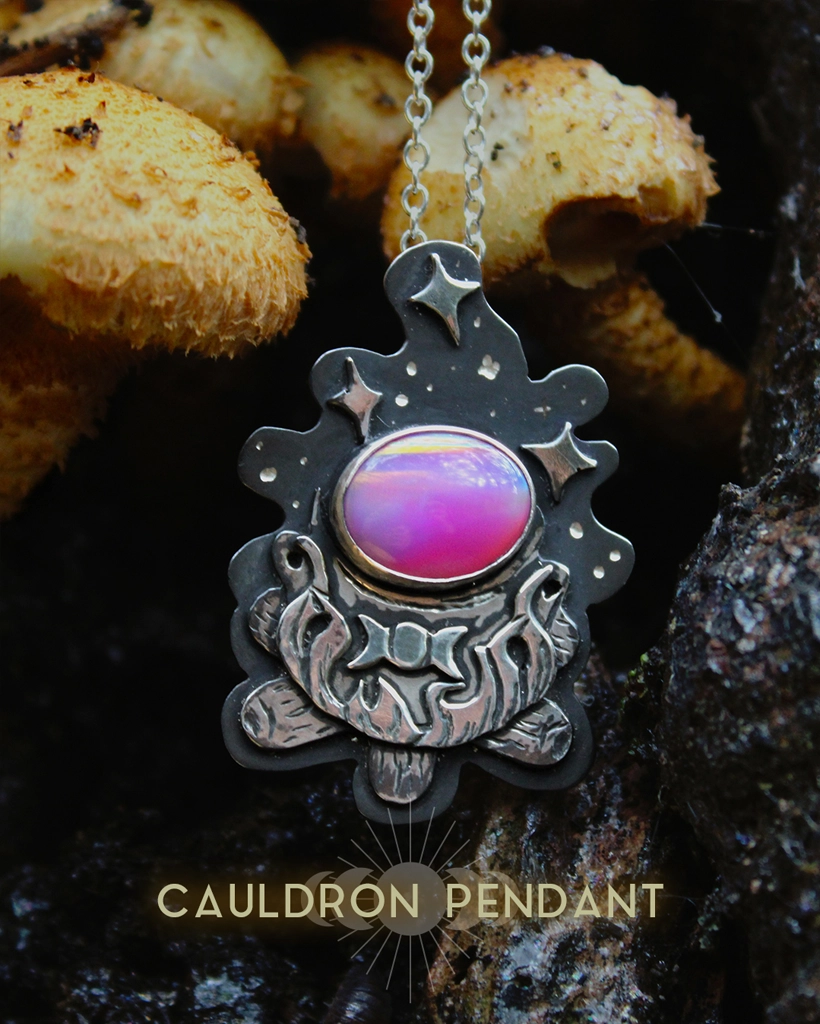 Oxidised sterling silver Cauldron Pendant with a pink Aurora Opal, triple moon and stars, on a silver chain