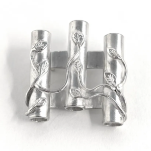 Handmade sterling silver brooch of three upright tube vases joined together, hand engraved with a leaf and vine motif