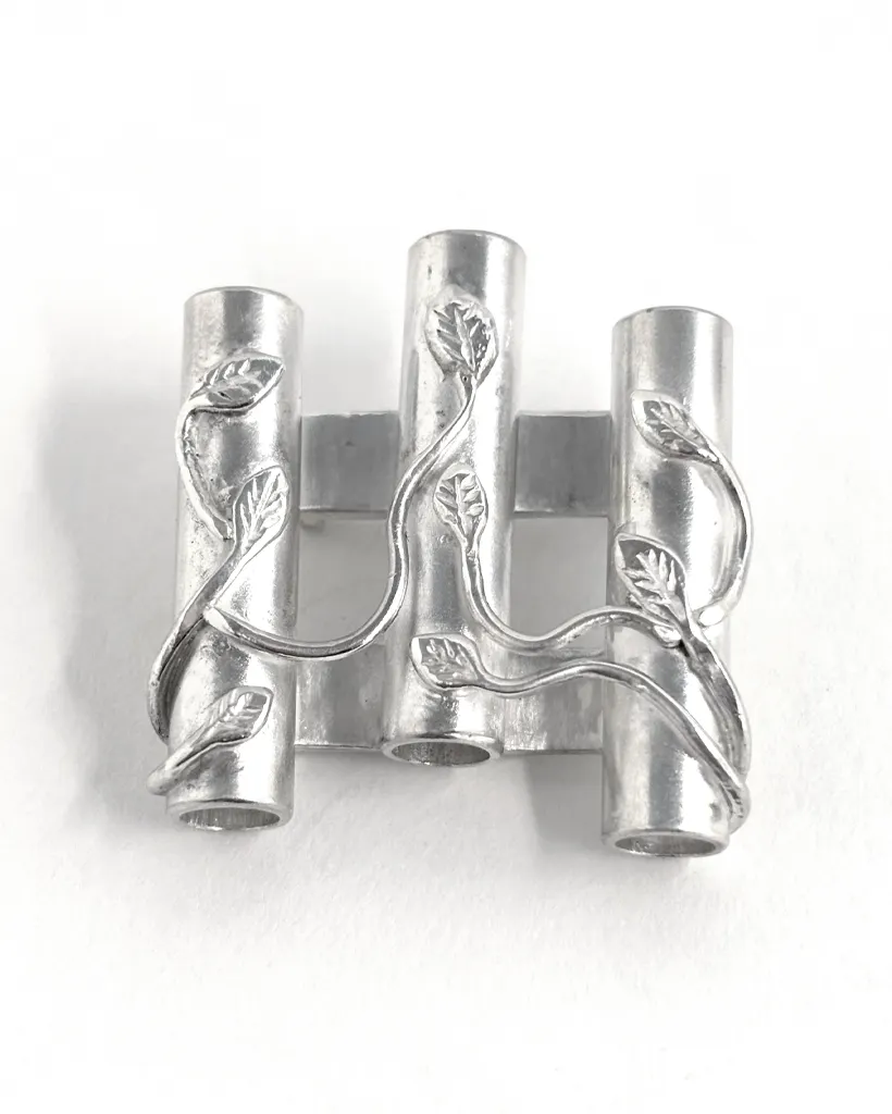 Sterling Silver Awe Walk Brooch, Three Engraved Tube Vases Handmade sterling silver brooch of three upright tube vases joined together, hand engraved with a leaf and vine motif