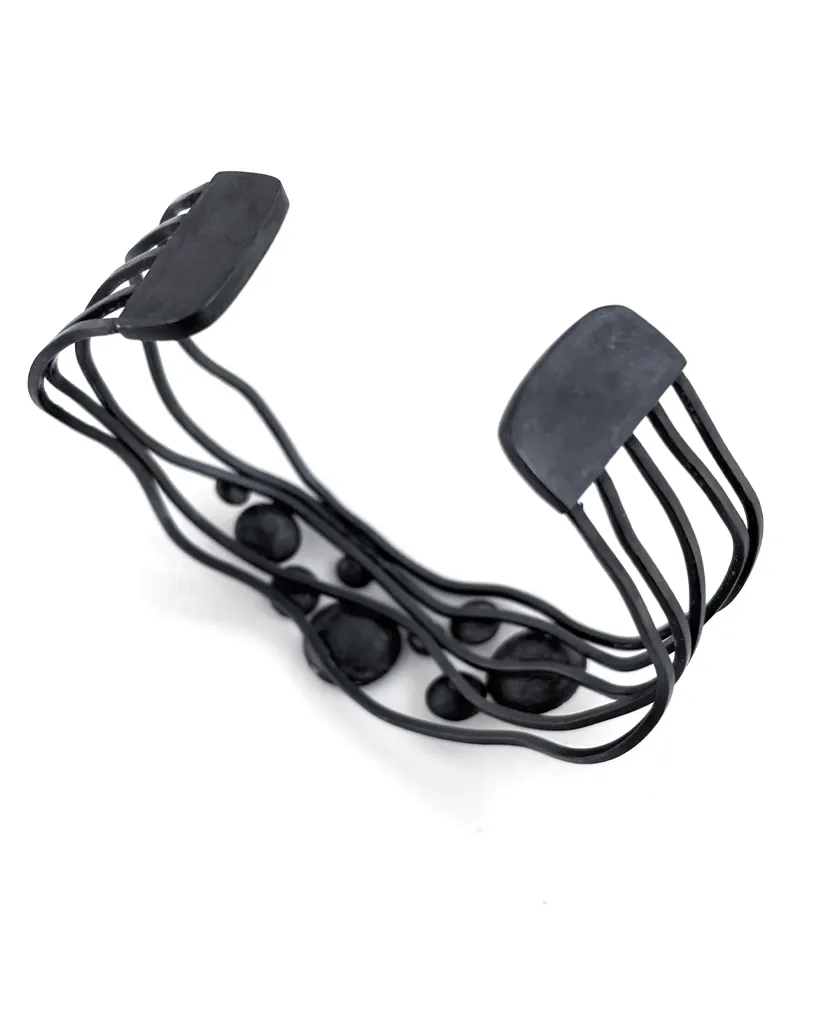 One-of-a-kind oxidised sterling silver cuff bracelet, flowing wavy bands set with polished domed silver discs