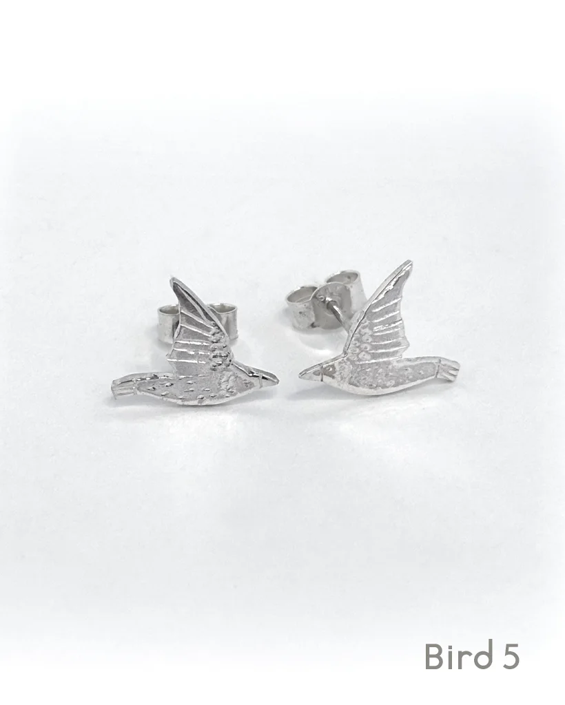 Sterling silver starling stud earrings, Bird 5 design, engraved birds in flight with posts and butterfly backs