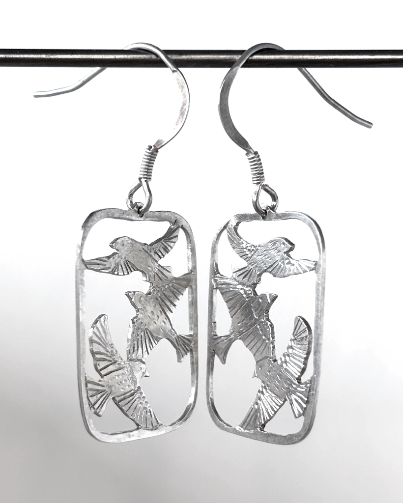 Sterling Silver Three Bird Drop Earrings, Starling Flock, Handmade Sterling silver drop earrings, each an open frame holding three saw-pierced starlings in flight, on hook wires