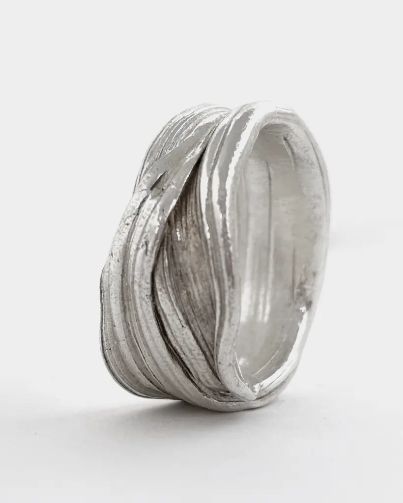 Mitsuro Hikime Wave Ring, Sculptural Sterling Silver Statement Ring Chunky sterling silver wave ring with folded, layered ridges made by the Mitsuro Hikime wax technique, on white
