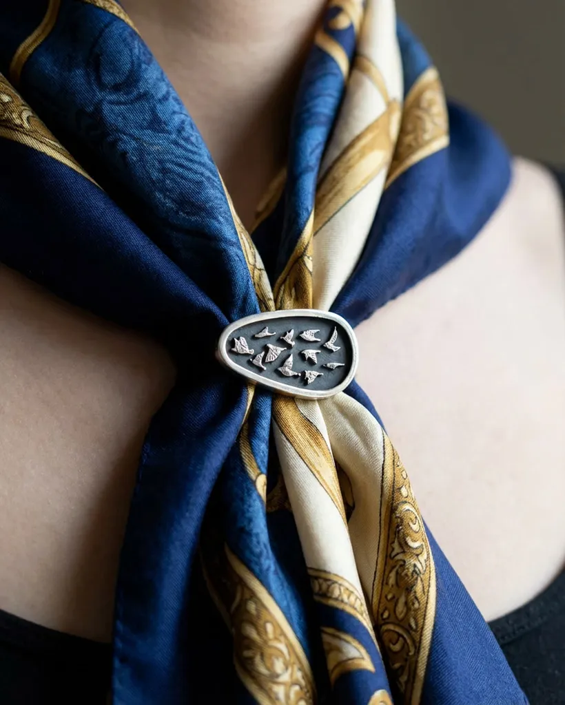 Artisan handmade sterling silver oval brooch featuring a flock of hand-engraved flying birds, pinned onto a patterned navy and gold silk scarf.