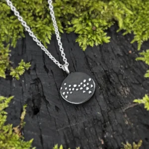 Sterling silver Murmuration Dot Flock pendant necklace photographed on mossy wood