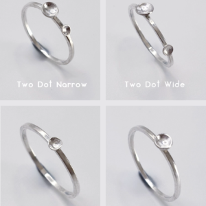 Four polished sterling silver Murmuration Dot ring styles: Two Dot Narrow, Two Dot Wide, One Dot Small, One Dot Medium