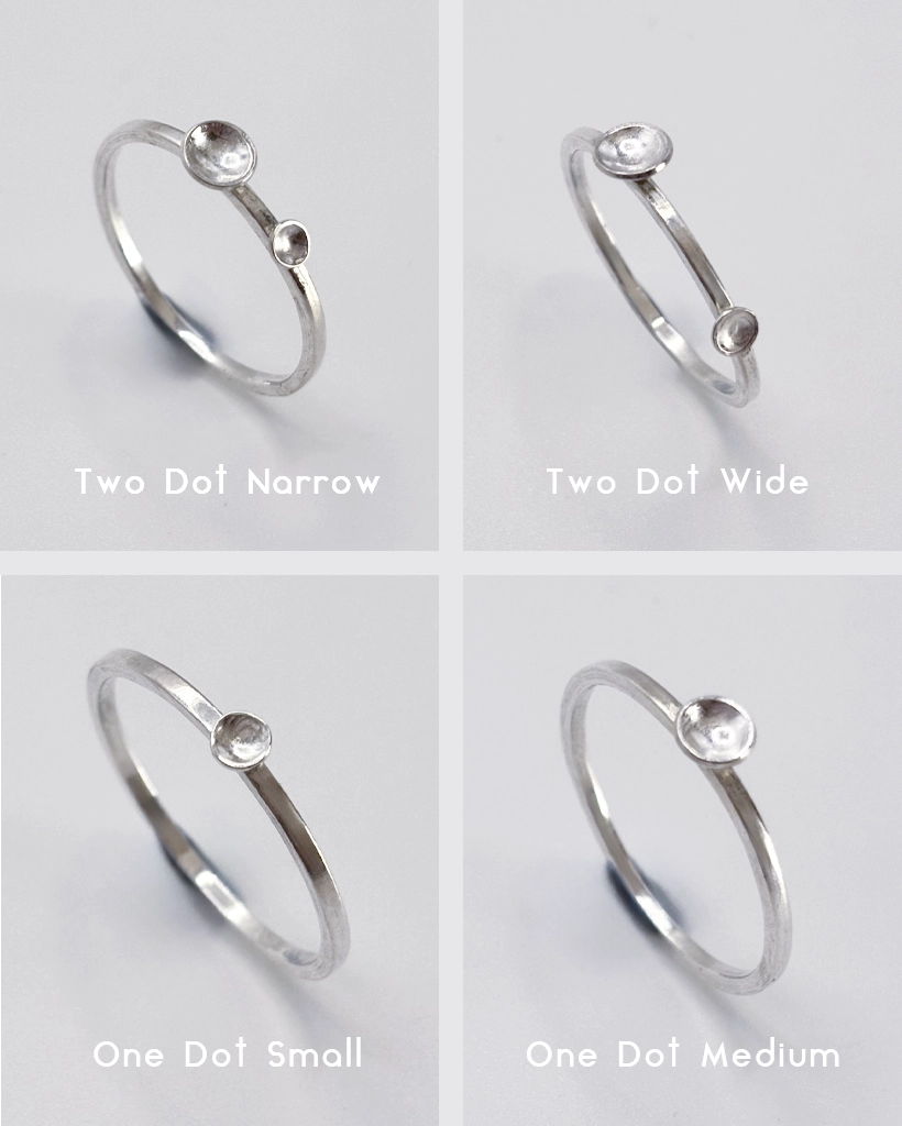 Four polished sterling silver Murmuration Dot ring styles: Two Dot Narrow, Two Dot Wide, One Dot Small, One Dot Medium