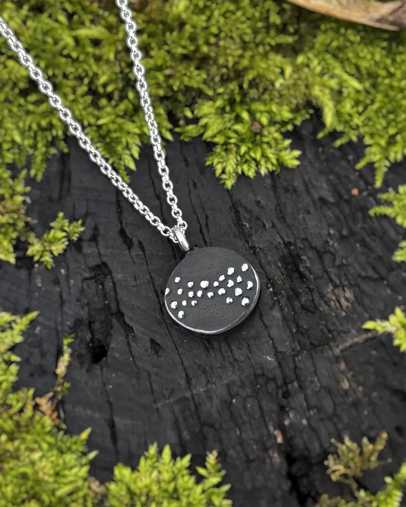 Murmuration Dot Flock Pendant | Handmade Silver Necklace | Stacy Bias Oxidised silver Murmuration Dot Flock pendant on mossy bark. Handmade nature jewelry by Stacy Bias.