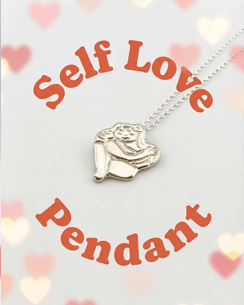 Artisan Self Love Pendant | Sterling Silver Self Care Jewelry | Stacy Bias Chunky silver Self Love pendant on a white background with heart graphics and text overlay. By Stacy Bias.